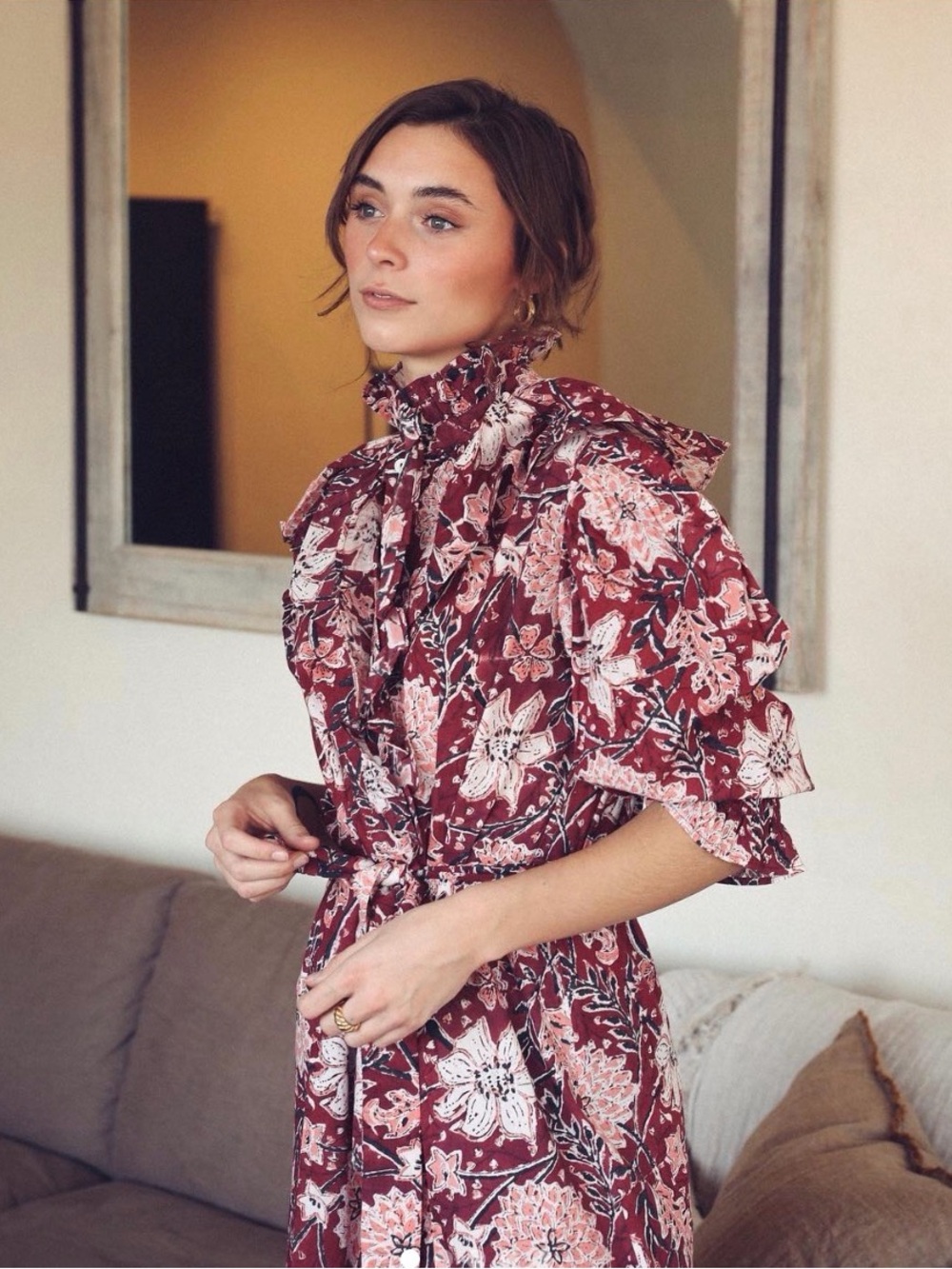 MILLE Vivien Dress in Claret Bloom High-Neck Maxi Dress